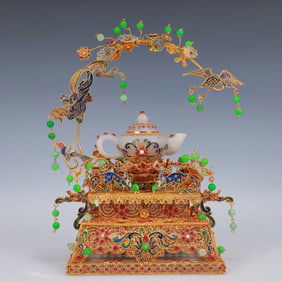 An Exquisite Filigree and Gilding Inlaid White Jade Teapot,Inlaid Gems
