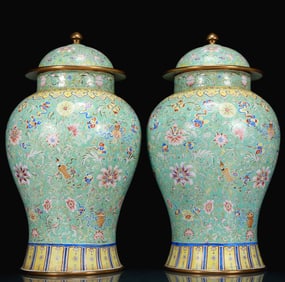 A Pair of Huge Bronze Overgild Painted Enamel Lotus and Eight Treasures Pattern Pot