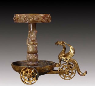 An Exquisite Gilt Bronze Phoenix Pattern Candlestick,Inlaid White Jade