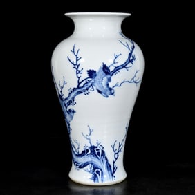 An Exquisite Blue and White Flower and Bird Pattern Vase,With Poem