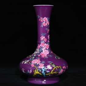 An Exquisite Purple Glazed Famille-Rose Flower and Bird Pattern Vase,With Poem