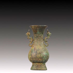 A Rare Bronze Beast-Face Pattern Dragon-Ears Vase,With Inscription
