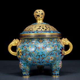 An Exquisite Cloisonne Lotus Pattern Tripod Dragon-Ears Censer with Cover