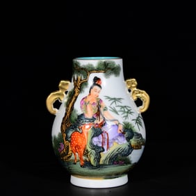 An Exquisite Enamel Painted Gold Avalokitesvara Pattern Double-Ears Vase,With Poem