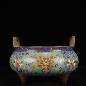An Ecmxquisite Cloisonne Lotus Pattern Double-Ears and Tripod Censer