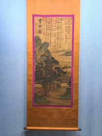 A Chinese Vertical Scroll Ink Painting of Landscape and Figure on Silk,Wang Wei