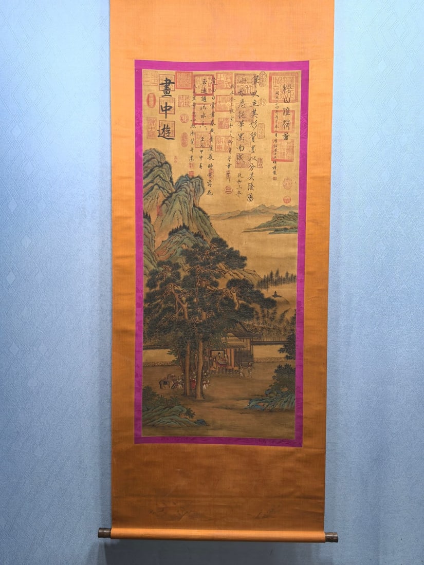 A Chinese Vertical Scroll Ink Painting of Landscape and Figure on Silk,Wang Wei: A Chinese Vertical Scroll Ink Painting of Landscape and Figure on Silk,Wang Wei,Size:23inx54.3in 一幅中国水墨绢本山水人物画