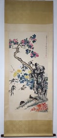 A Chinese Vertical Scroll Ink Painting of Flower and Bird on Paper,Ren Bonian