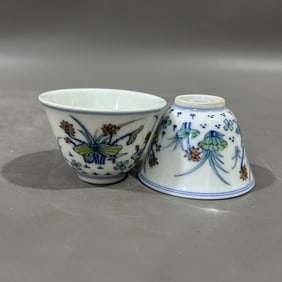 A Pair of Exquisite Doucai Blue and White Lotus Pattern Cups