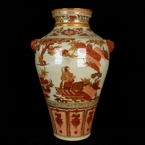 A Huge Iron-Red Glazed Painted Gold Character and Story Pattern Beast-Ears Vase