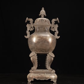 A Huge Silver-plated Copper Double-Ears and four legs Censer