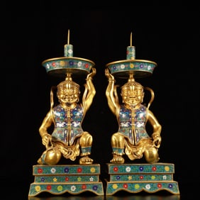 A Pair of Huge Cloisonne Flower Pattern Figure Candlestick