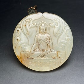 White Jade Lotus and Buddha Pattern Pendant
