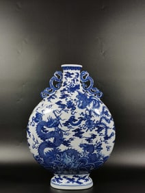 A Huge Blue and White Auspicious Cloud,Dragon and Phoenix Pattern Dragon-Ears Vase