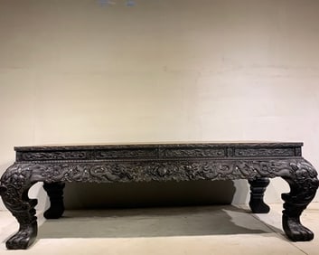 A Huge Zitanwood Auspicious Cloud and Dragon Pattern Table,With Poem