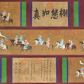 A Chinese Hand Scroll Ink Painting of Figure Riding Horse on Silk,Zhao Yong