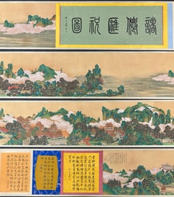 A Chinese Hand Scroll Ink Painting of Landscape and Figure on Silk,Zhang Daqian