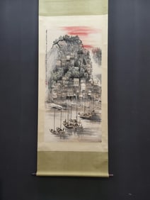 A Chinese Vertical Scroll Ink Painting of Landscape and Figure on Paper,Li Keran