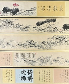 A Chinese Hand Scroll Ink Painting of Shrimp on Paper,Qi Baishi