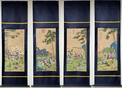 A Set of Chinese Vertical Scroll Ink Painting of Woman on Silk,Chou Ying