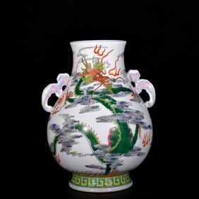 An Exquisite Enamel Auspicious Cloud,Dragon and Phoenix Pattern Double-Ears Vase