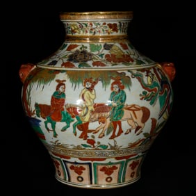 A Rare Blue and White Wucai Painted Gold Character and Story Pattern Beast-Ears Jar