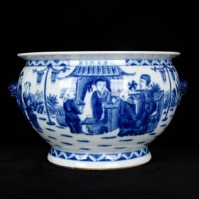 A Huge Blue and White Character and Story Pattern Beast-Ears Vat