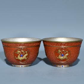 A Pair of Exquisite Ancient Bronze Glazed Gilding and Silvering Auspicious Beast Pattern Cups