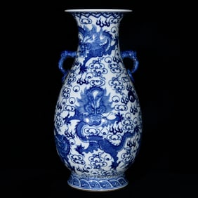 A Huge Blue and White Seawater,Auspicious Cloud and Dragon Pattern Double-Ears Vase