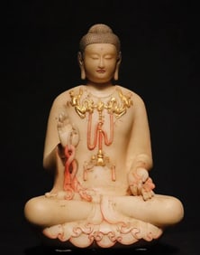 A Rare Marble Painted Color Statue of Sakyamuni