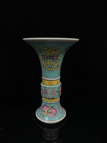 An Exquisite Turquoise Glazed Famille-Rose Shou-Character Peach Pattern Vase