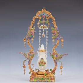 A Huge Filigree and Gilding Inlaid White Jade Double-Ears Vase,Inlaid Gems