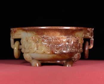 An Exquisite White Jade Beast-Face and Chi-Dragon Pattern Beast-Ears Tripod Bowl