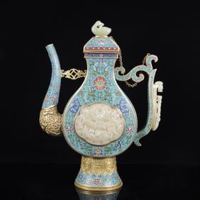 An Exquisite Cloisonne Inlaid White Jade Lotus Pattern Ewer