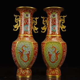 A Pair of Huge Cloisonne Lotus Phoenix Pattern Dragon-Ears Vases