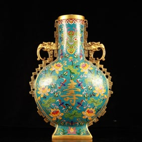 A Rare Cloisonne Lotus and Shou-Character Pattern Dragon-Ears Vase