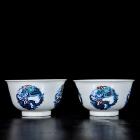 A Pair of Exquisite Doucai Dragon Pattern Cups