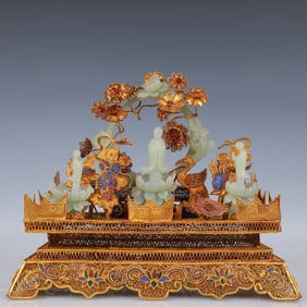 A Set of Fine Filigree and Gilding Inlaid White Jade Figure Ornaments,Inlaid Gems