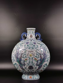 A Huge Blue and White Doucai Lotus and Phoenix Pattern Double-Ears Vase