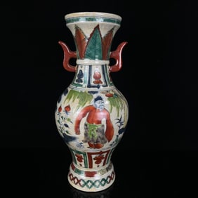 A Rare Wucai Character and Story Pattern Double-Ears Vase