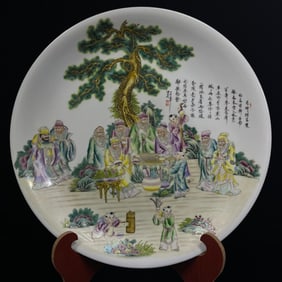 A Huge Enamel Character and Story Pattern Plate,With Poem