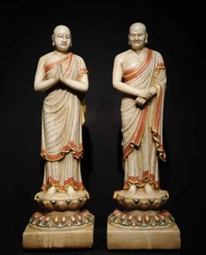 A Pair of Rare Marble Painted Color Buddha Statue,With Scriptures