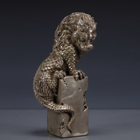 An Exquisite Silver-plated Bronze Kylin Ornament