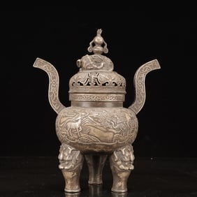 A Rare Silver-plated CopperCrane and Deer Pattern Double-Ears Beast-legs Censer