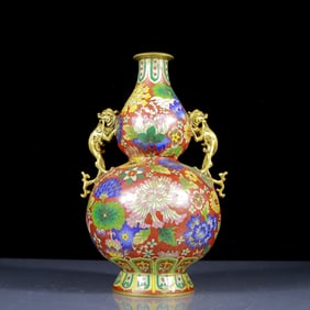 An Exquisite Cloisonne Flower Pattern Dragon-Ears Gourd-Shaped Vase