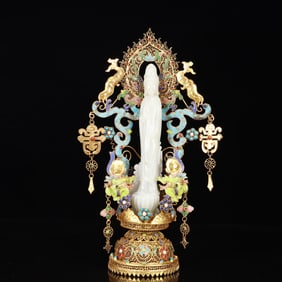 An Exquisite Filigree and Gilding Inlaid White Jade Statue of Avalokitesvara,Inlaid Gems