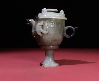 An Exquisite White Jade Chi-Dragon Pattern Stem Cover Cup