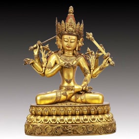 A Solemn Gilt Bronze Statue of Vajrasattva,Inlaid Turquoise