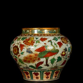 A Rare Wucai Painted Gold Flower and Bird Pattern Jar