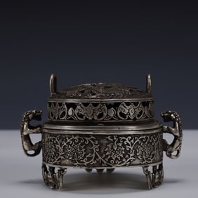 An Exquisite Silver-plated Bronze Dragon and Phoenix Pattern Double-Ears and Tripod Censer